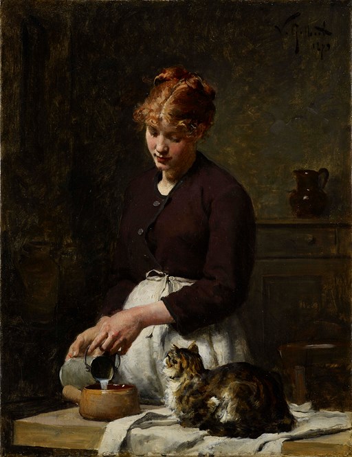 Victor Gilbert (1847-1935) Le déjeuner du chat,  oil on canvas, 35 x 27 cm. signed & dated 1879