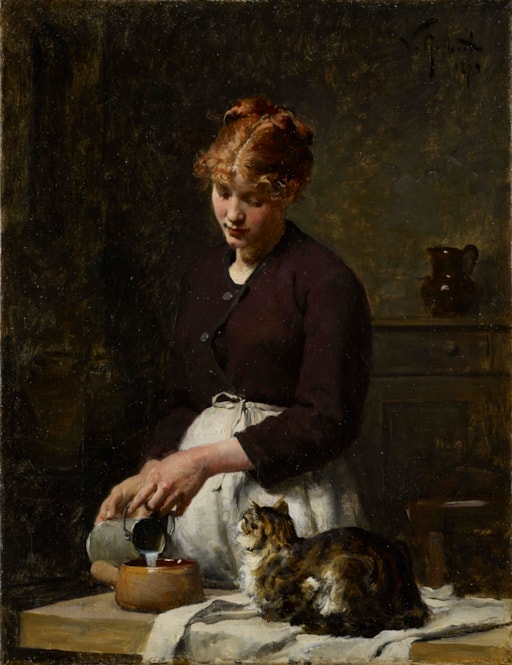 Victor Gilbert (1847-1935) Le déjeuner du chat, oil on canvas, 35 x 27 cm. signed & dated 1879